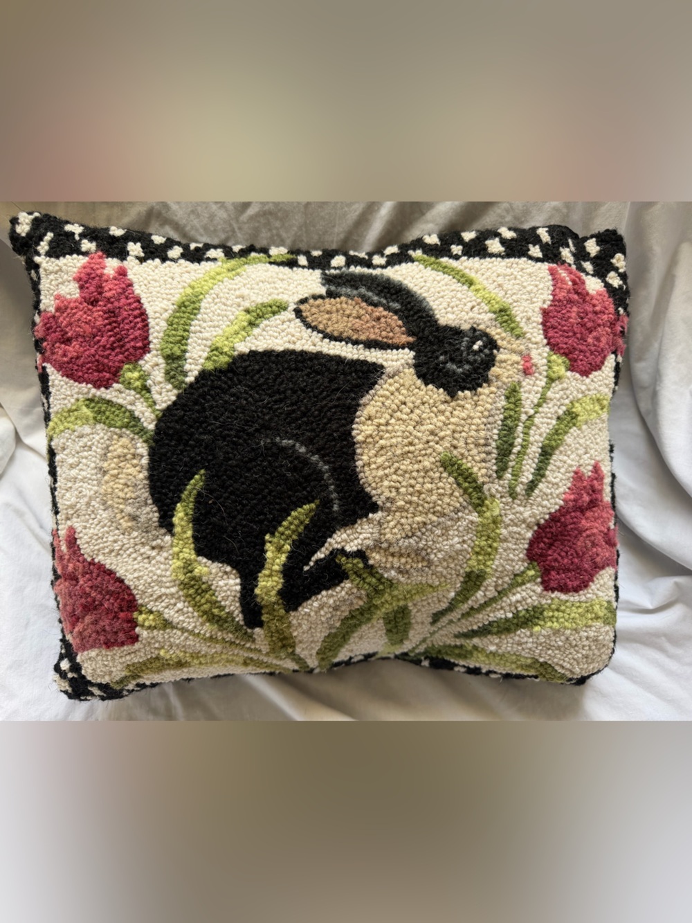 Hand-hooked Bunny Floral Pillow in Black, Cream & Pink